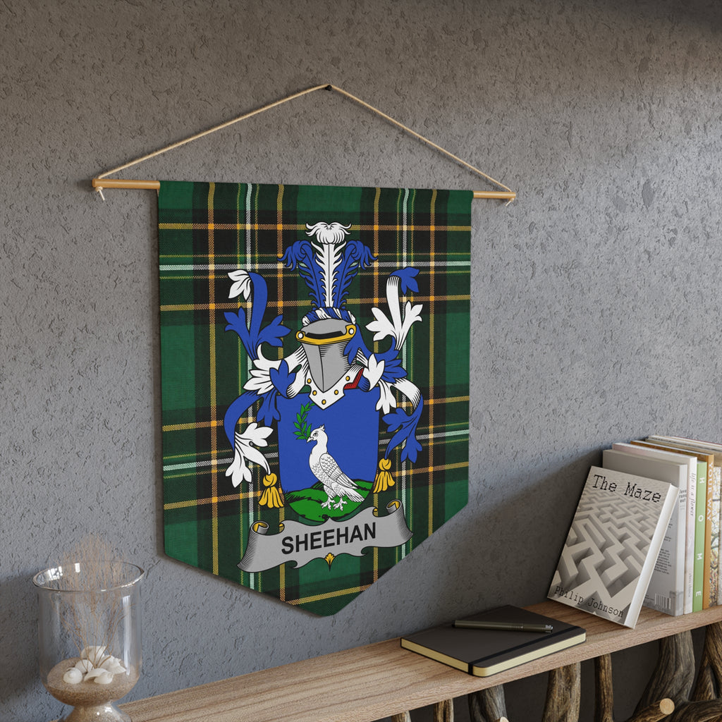 Sheehan family crest wall pennant on the Irish National Tartan