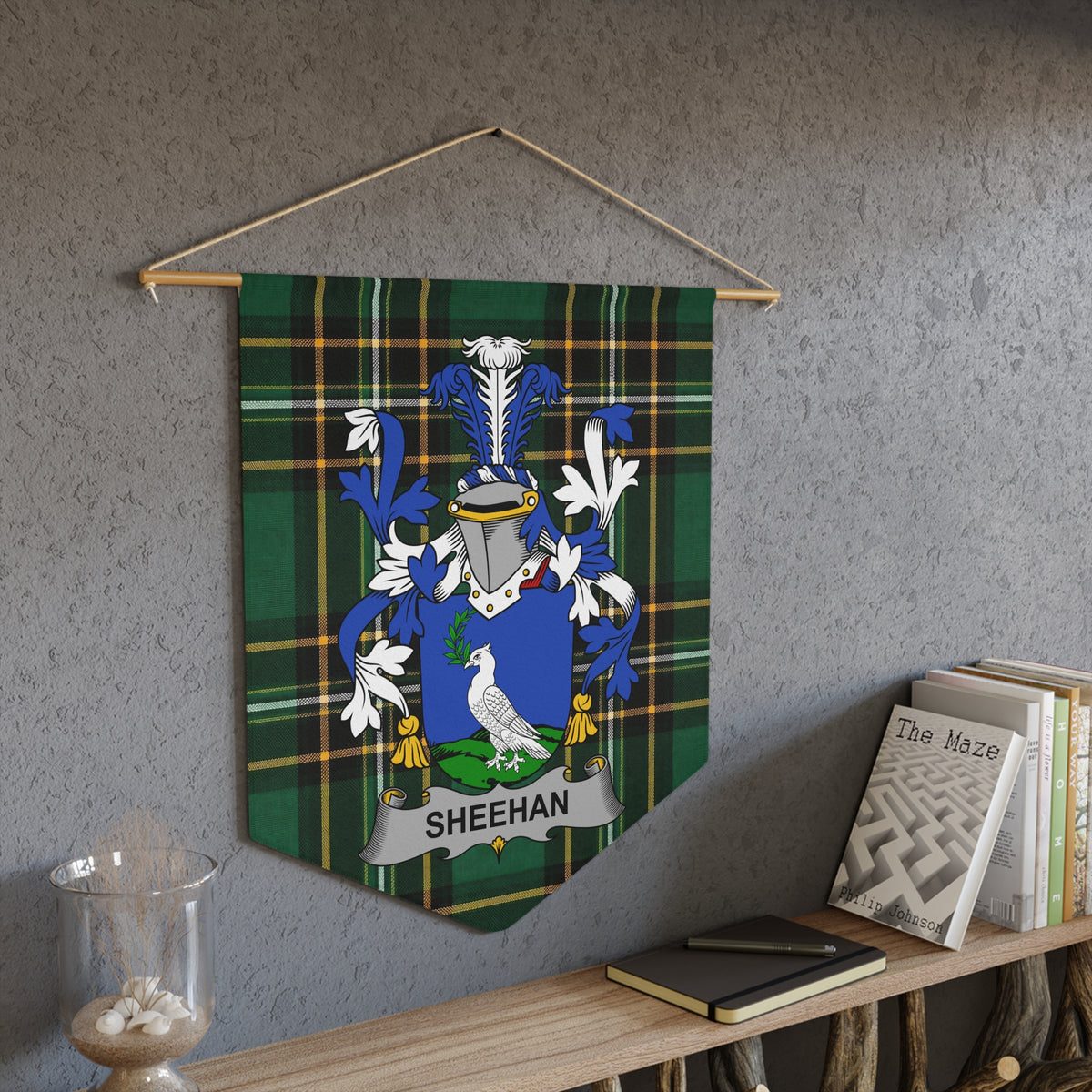 Sheehan family crest wall pennant on the Irish National Tartan