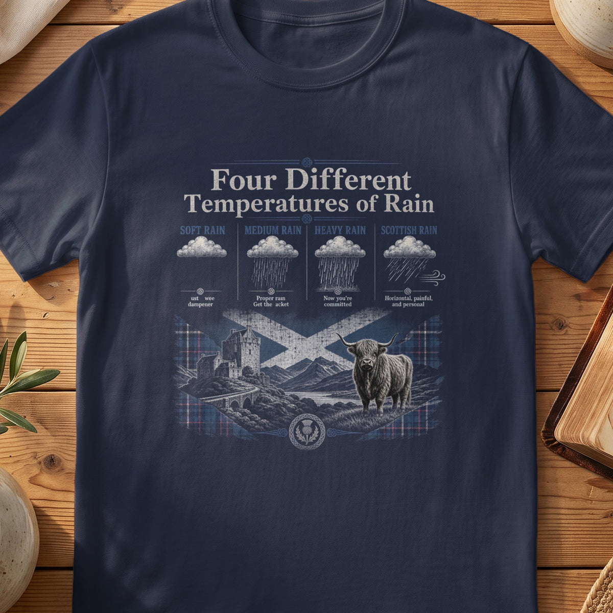 Navy Gildan 64000 unisex T-shirt flatlay with Four Different Temperatures of Rain Scottish graphic design