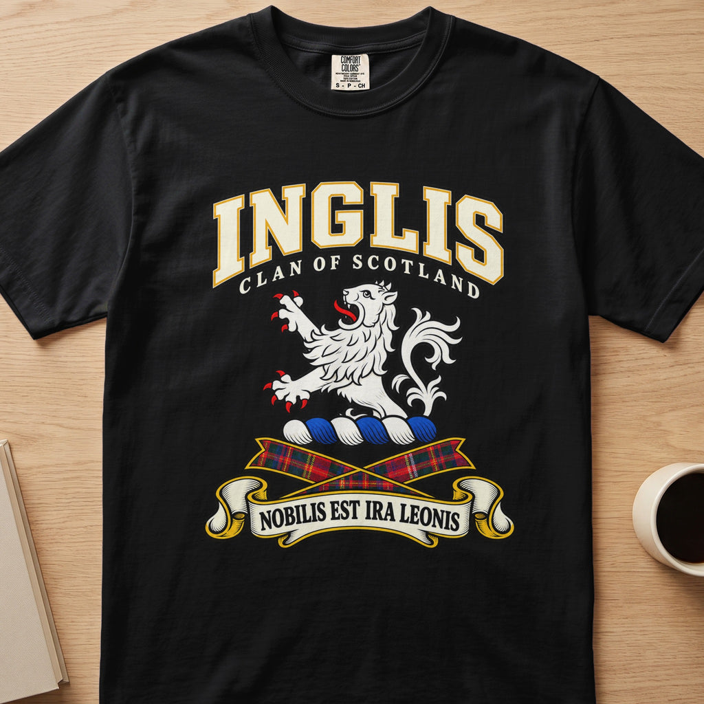 Inglis clan crest with white lion on a black Comfort Colors T-shirt, front view
