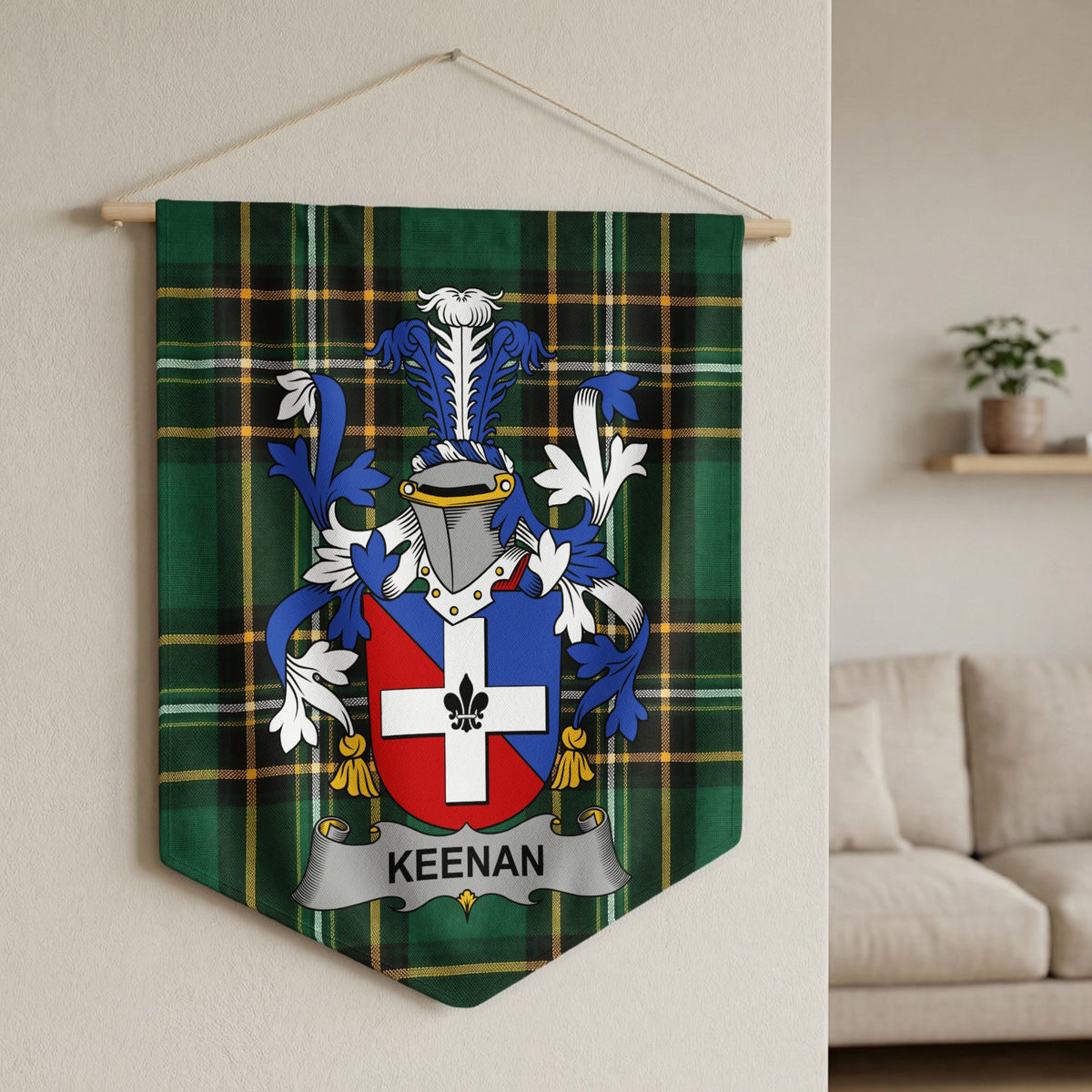 Keenan family crest on green tartan banner hanging on wall.