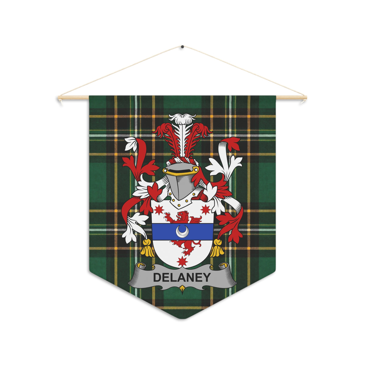 Delaney family crest on green tartan fabric pennant hanging from wooden dowel.