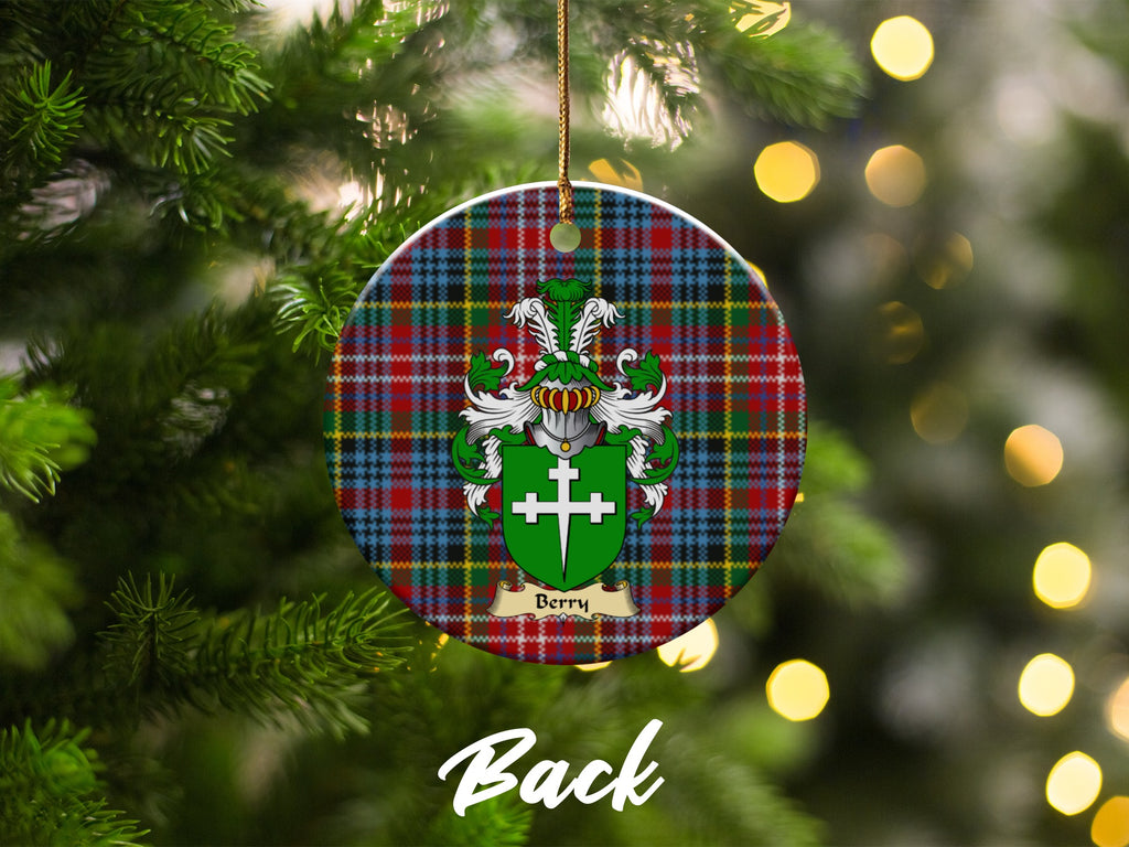 Double-sided Berry ceramic ornament with family shield and Caledonia tartan background