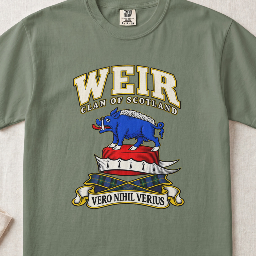 Weir Scottish clan T-shirt in Moss, front view with a blue boar above a red-and-white cap and motto banner.