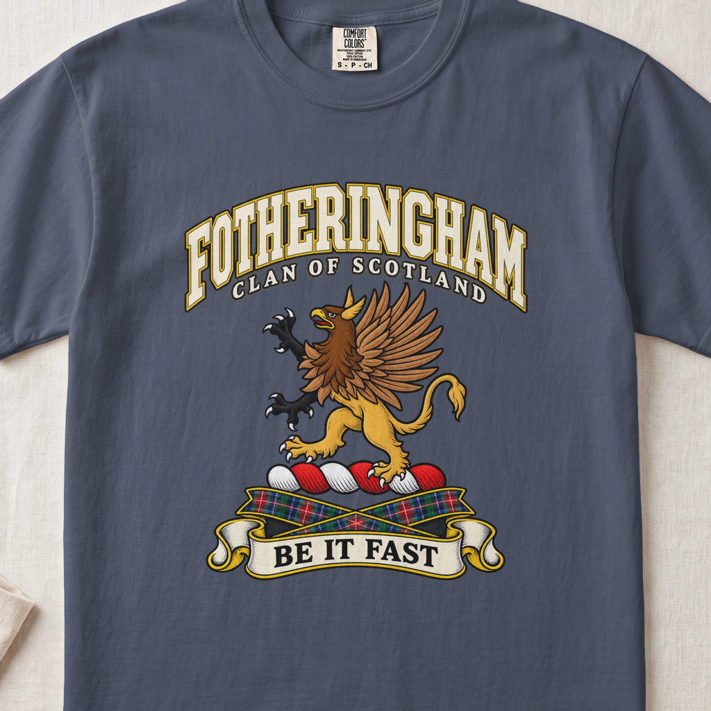 Fotheringham Scottish clan T-shirt in Midnight, front view with a brown and gold winged griffin and motto banner.