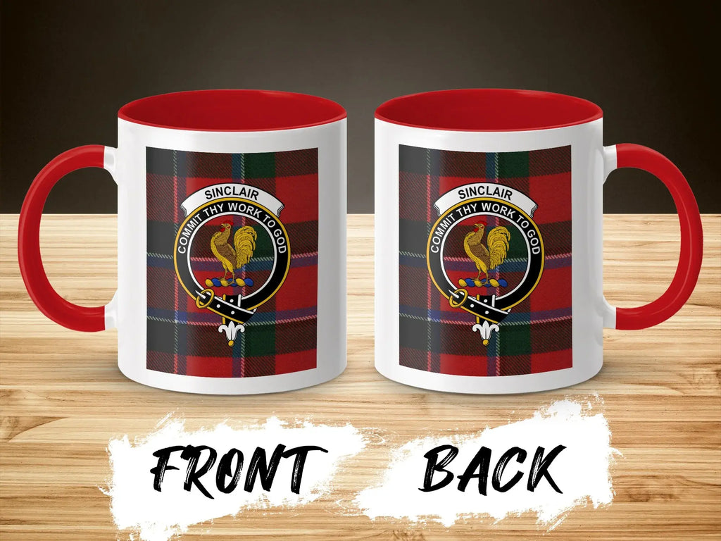 Clan Sinclair tartan mug with red handle — rooster crest, 15oz glossy ceramic