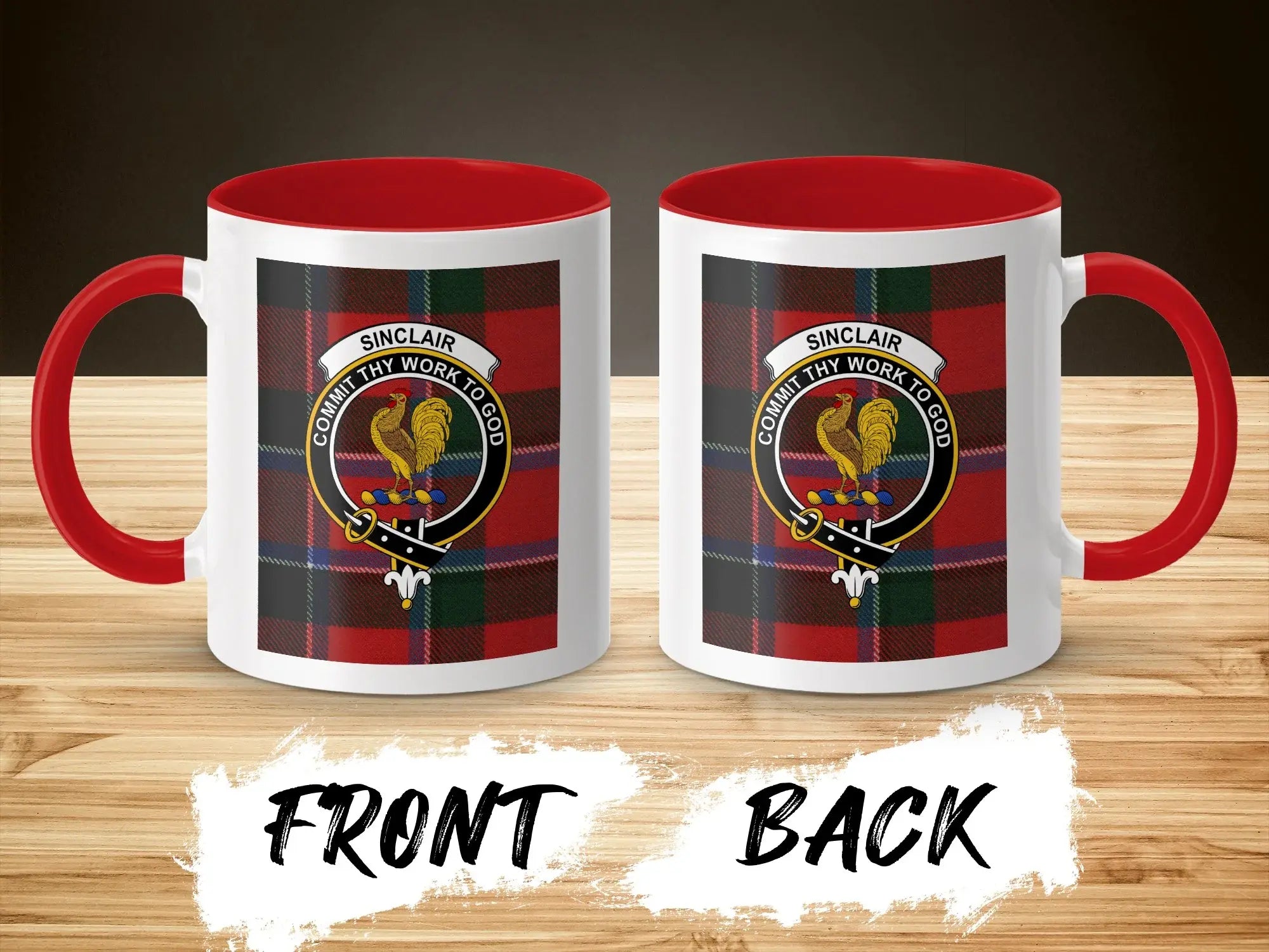 Clan Sinclair tartan mug with red handle — rooster crest, 15oz glossy ceramic