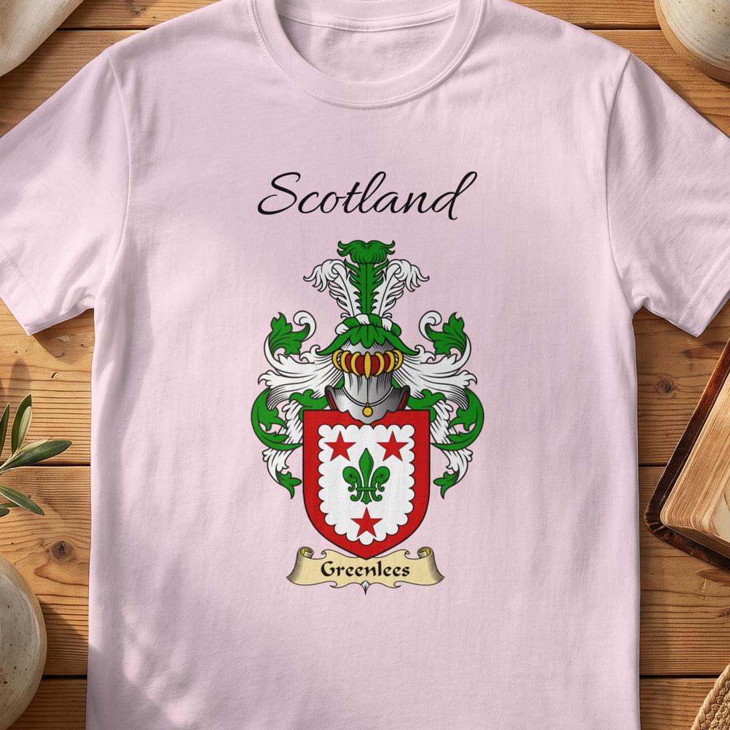 Light Pink Greenlees Scottish family shield T-shirt featuring a green fleur-de-lis within a red border