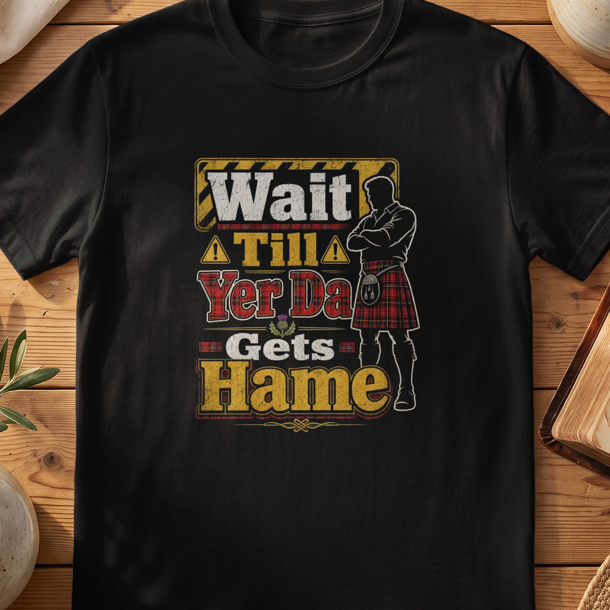 Black Gildan 64000 unisex T-shirt flatlay with Wait Till Yer Da Gets Hame Scottish graphic design