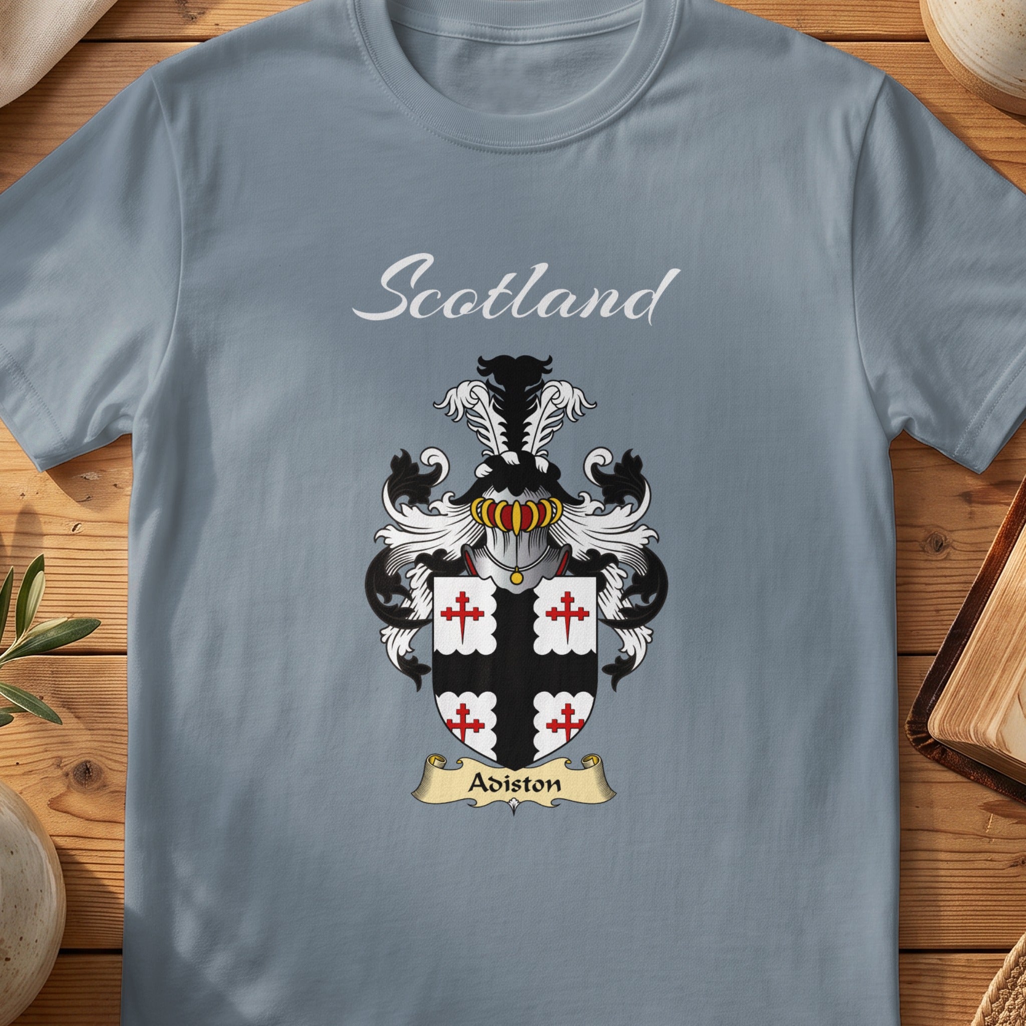 Adiston Scottish family shield T-shirt in Stone Blue