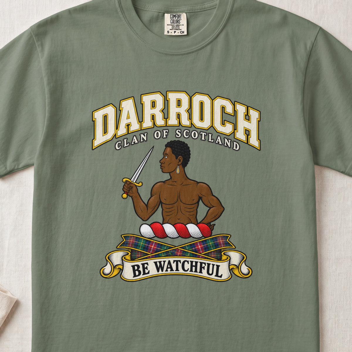 Darroch Scottish clan T-shirt in Moss, front view with a figure holding a dagger and motto design.
