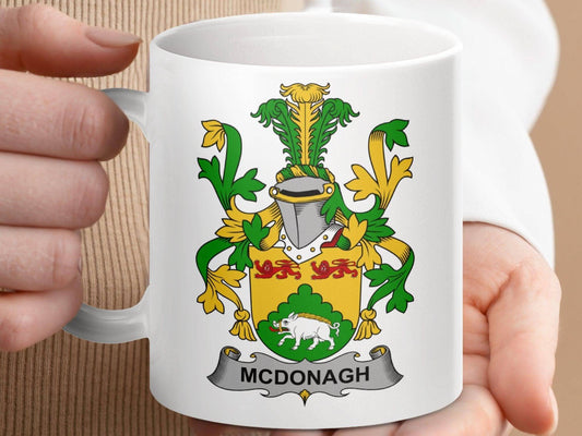 McDonagh Family Crest Coat of Arms Design Mug - Celtic Ancestry Gifts