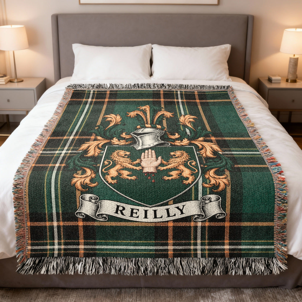 Reilly Irish National Tartan heirloom woven blanket with family crest, full product view