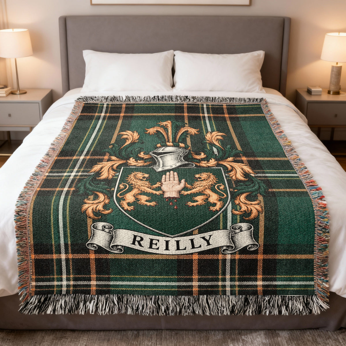 Reilly Irish National Tartan heirloom woven blanket with family crest, full product view
