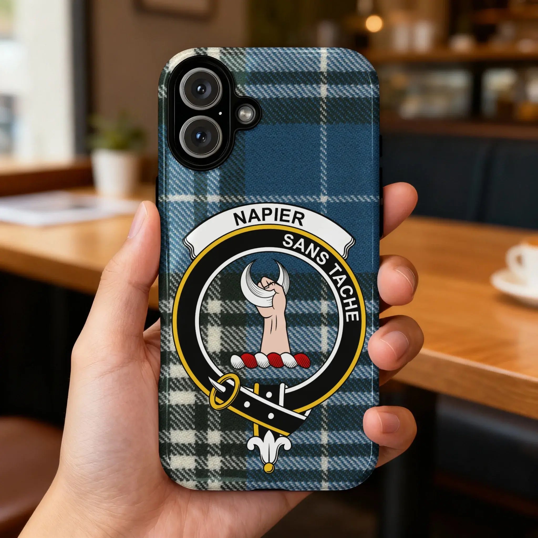 Clan Napier tartan case back view — full crest design on glossy surface