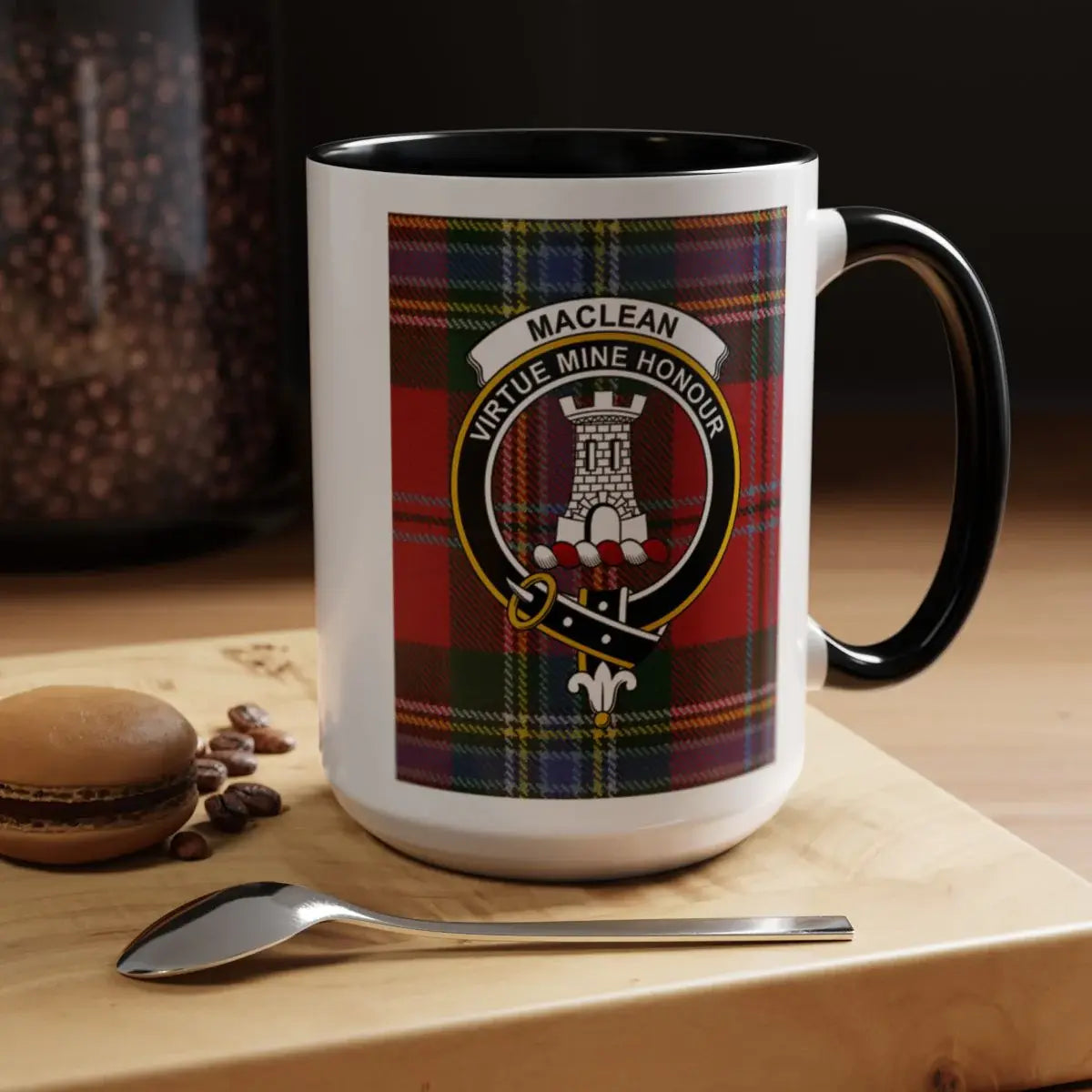 MacLean Virtue Mine Honour plaid design mug — 11oz ceramic with tower heraldic design
