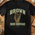 Brown Irish Heritage black Gildan 64000 T-shirt with Celtic harp design