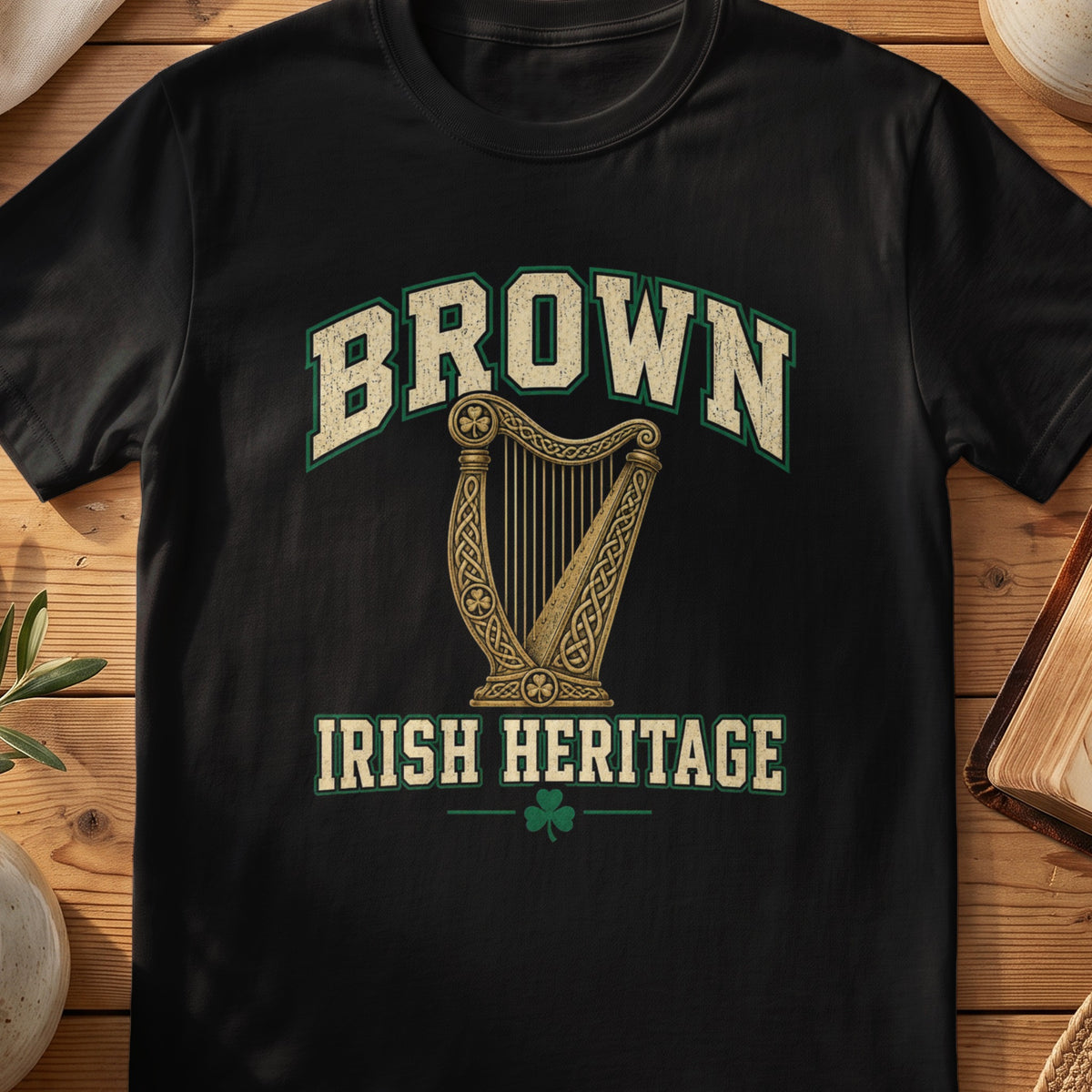 Brown Irish Heritage black Gildan 64000 T-shirt with Celtic harp design