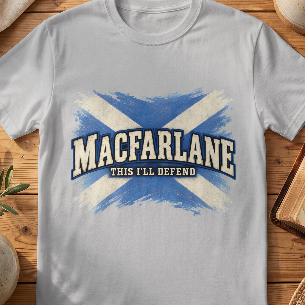 MacFarlane Scottish Saltire T-shirt in Sport Grey, with distressed blue and cream flag and “This I'll Defend” lettering.