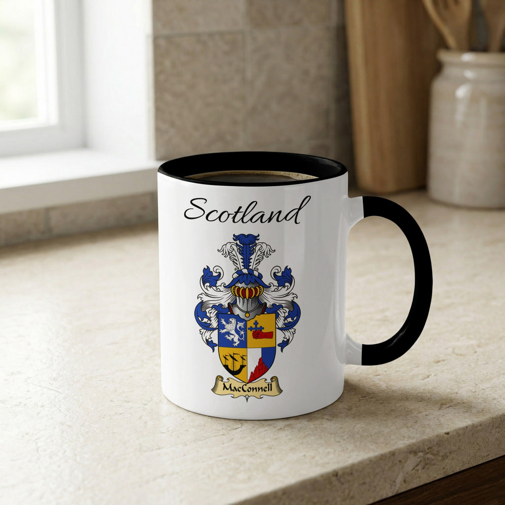 MacConnell Scottish family crest accent mug with Scotland lettering and coat of arms artwork