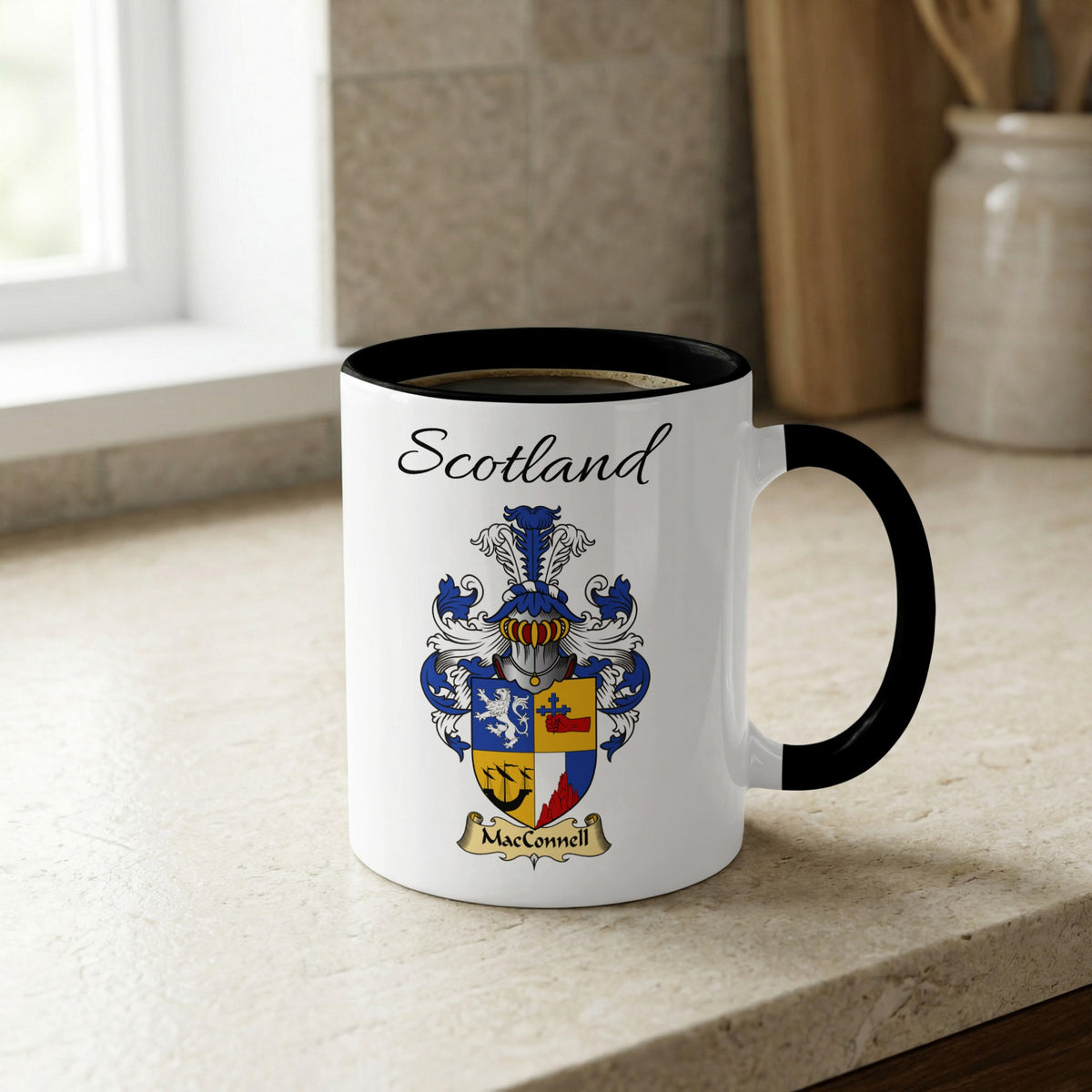 MacConnell Scottish family crest accent mug with Scotland lettering and coat of arms artwork