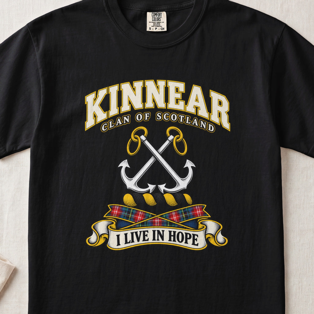 Kinnear Scottish clan T-shirt in Black, front view with crossed silver anchors and motto design.