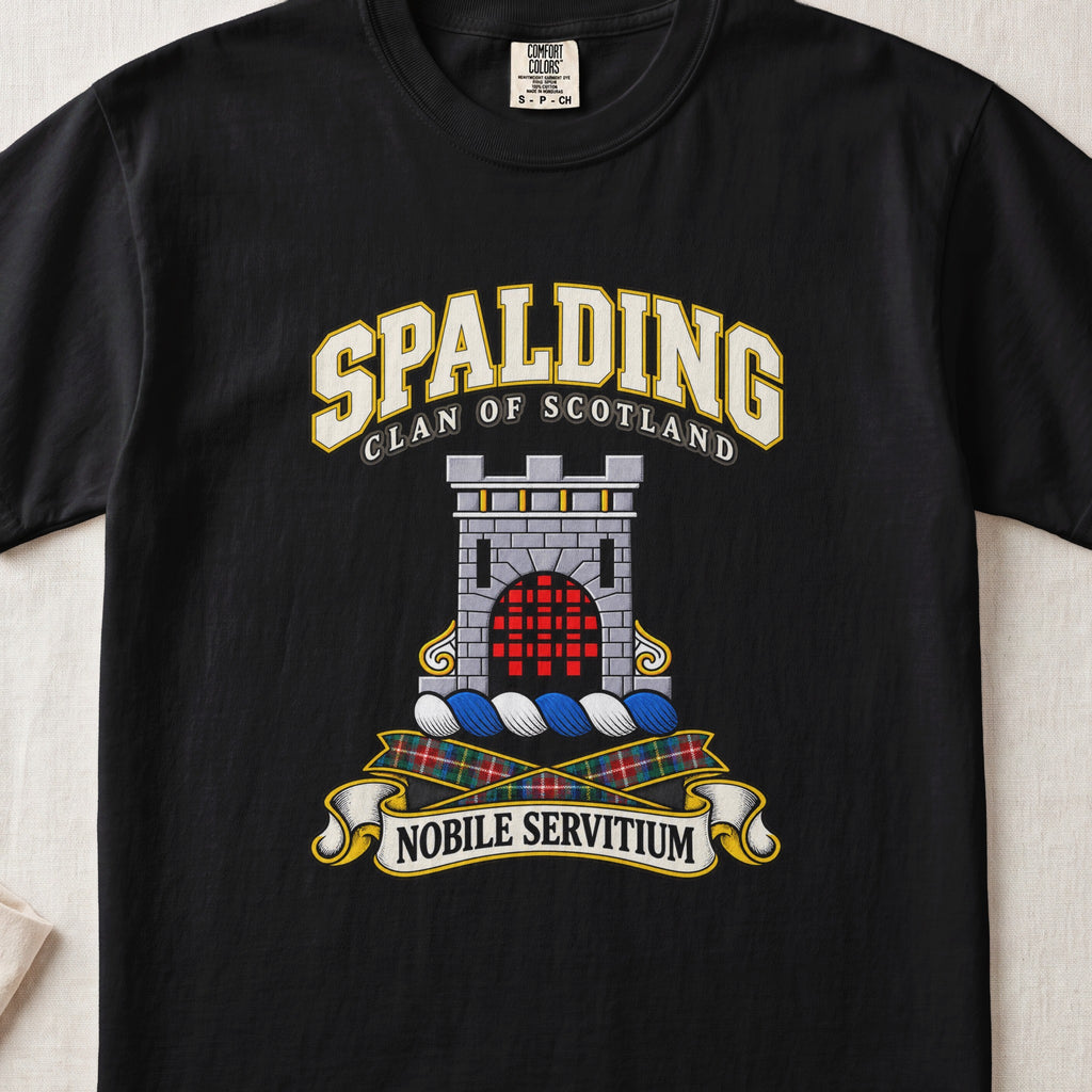Spalding Scottish clan T-shirt in Black, front view with a stone tower with a red gateway and motto design.