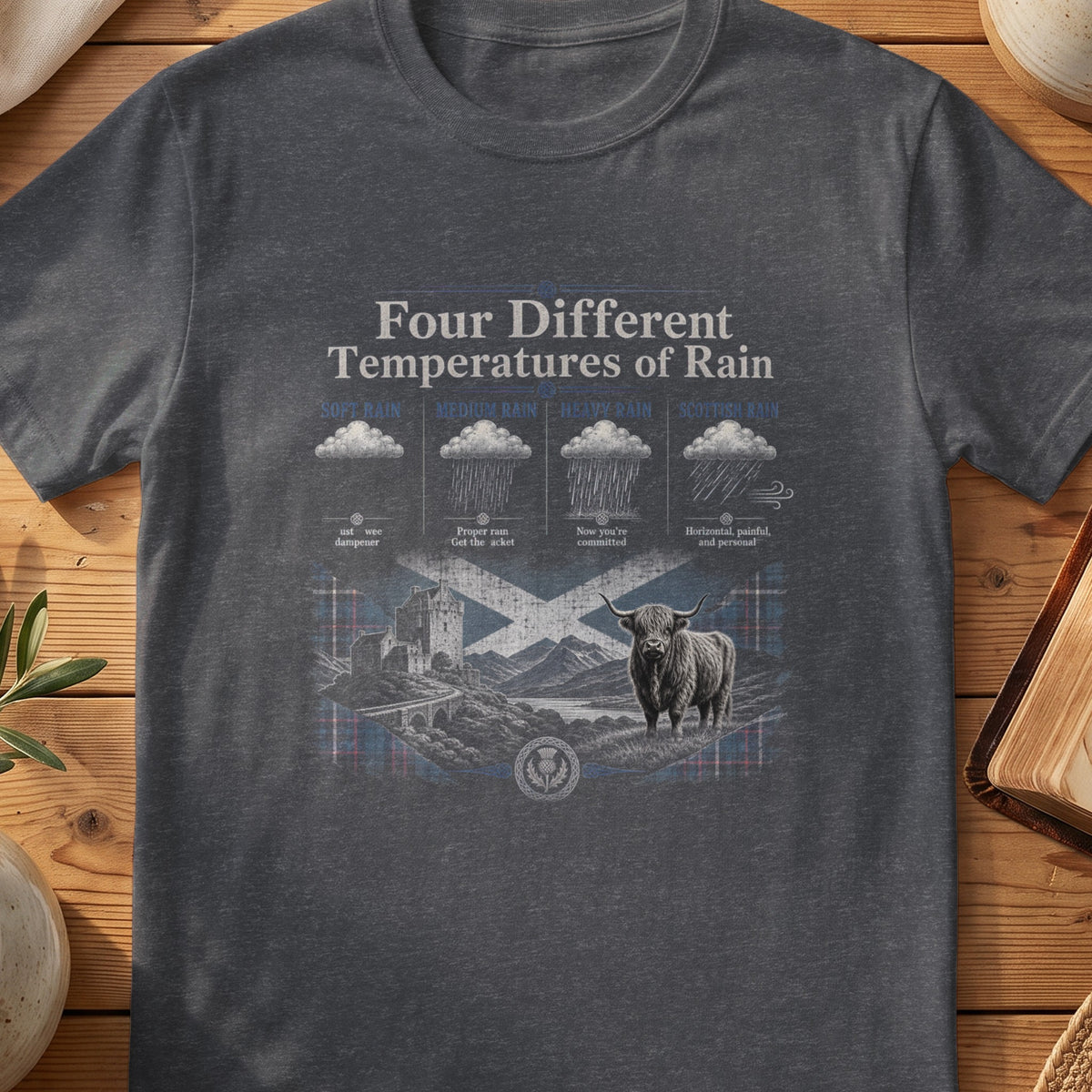 Dark grey Gildan 64000 unisex T-shirt flatlay with Four Different Temperatures of Rain Scottish graphic design