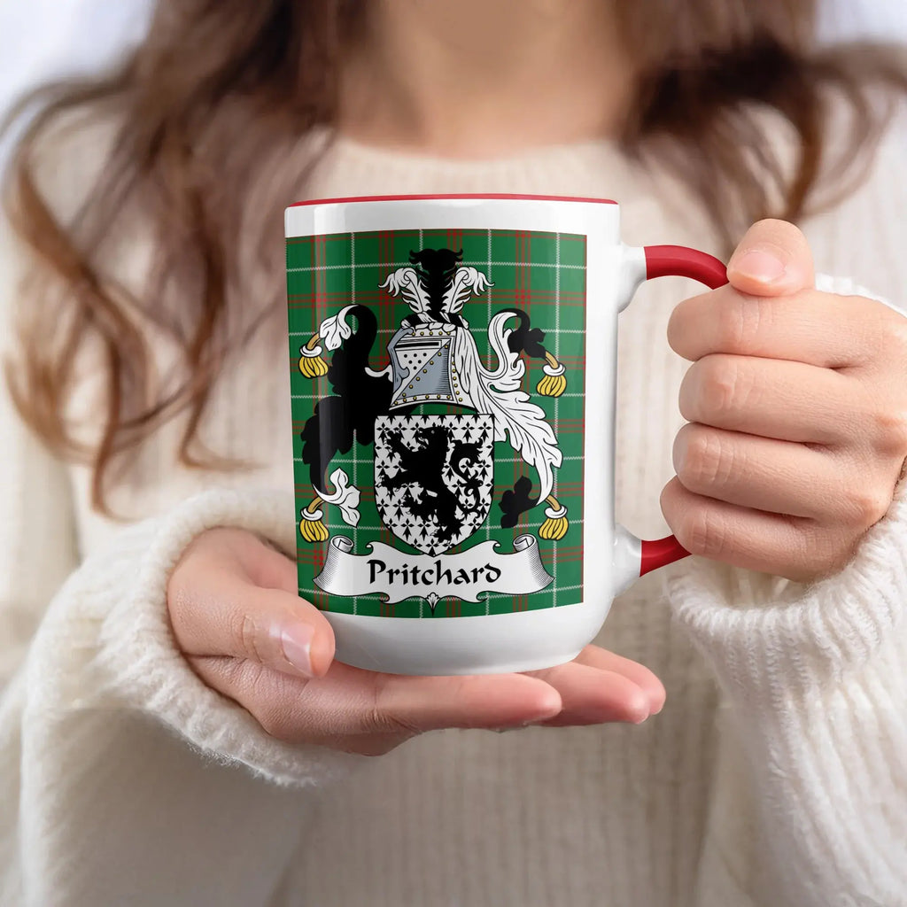 Pritchard Welsh family name mug with red accent and coat of arms on tartan
