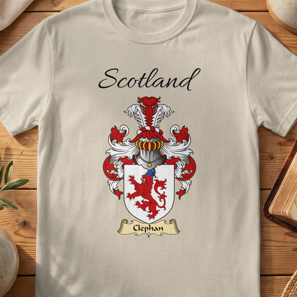 Sand Clephan Scottish family shield T-shirt featuring a red lion on a white shield