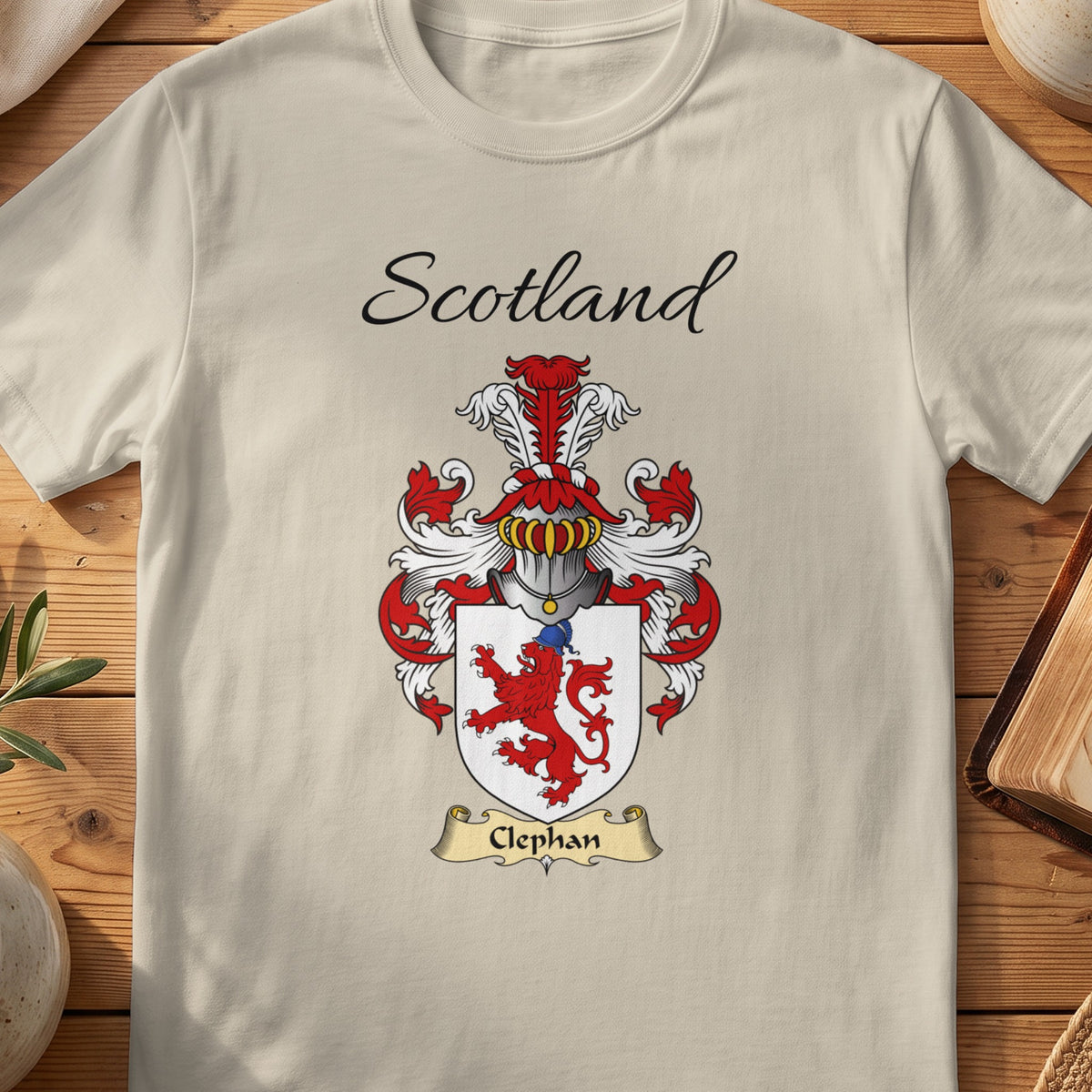 Sand Clephan Scottish family shield T-shirt featuring a red lion on a white shield