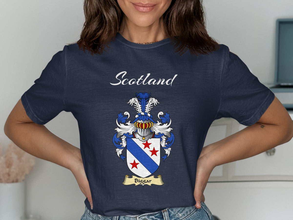 Biggar Scottish family shield design on Navy T-shirt