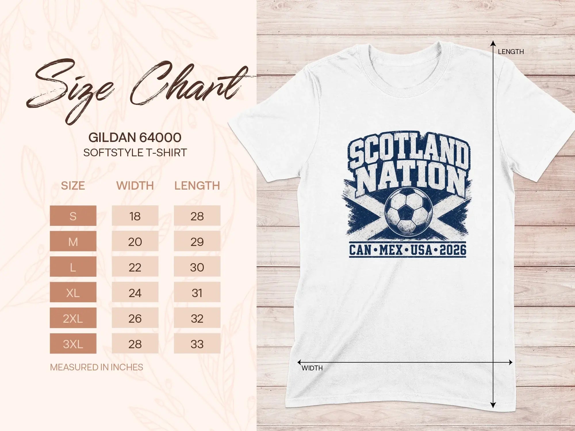 Gildan 64000 size chart for Scotland Nation t-shirt, measuring width and length in inches.