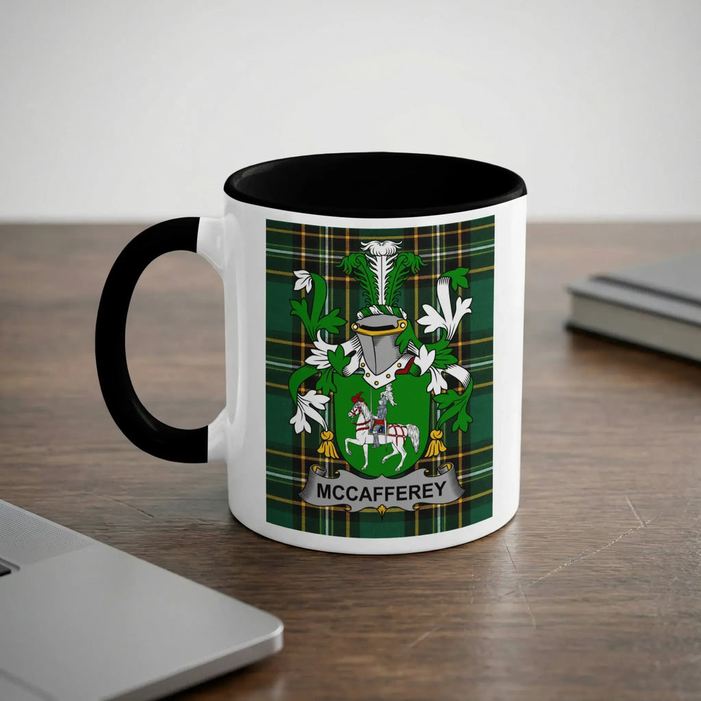 Mug with McCaffrey family crest on green tartan background.