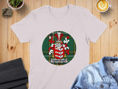 Armstrong Family Crest on Irish National Tartan T-Shirt - Living Stone Gifts