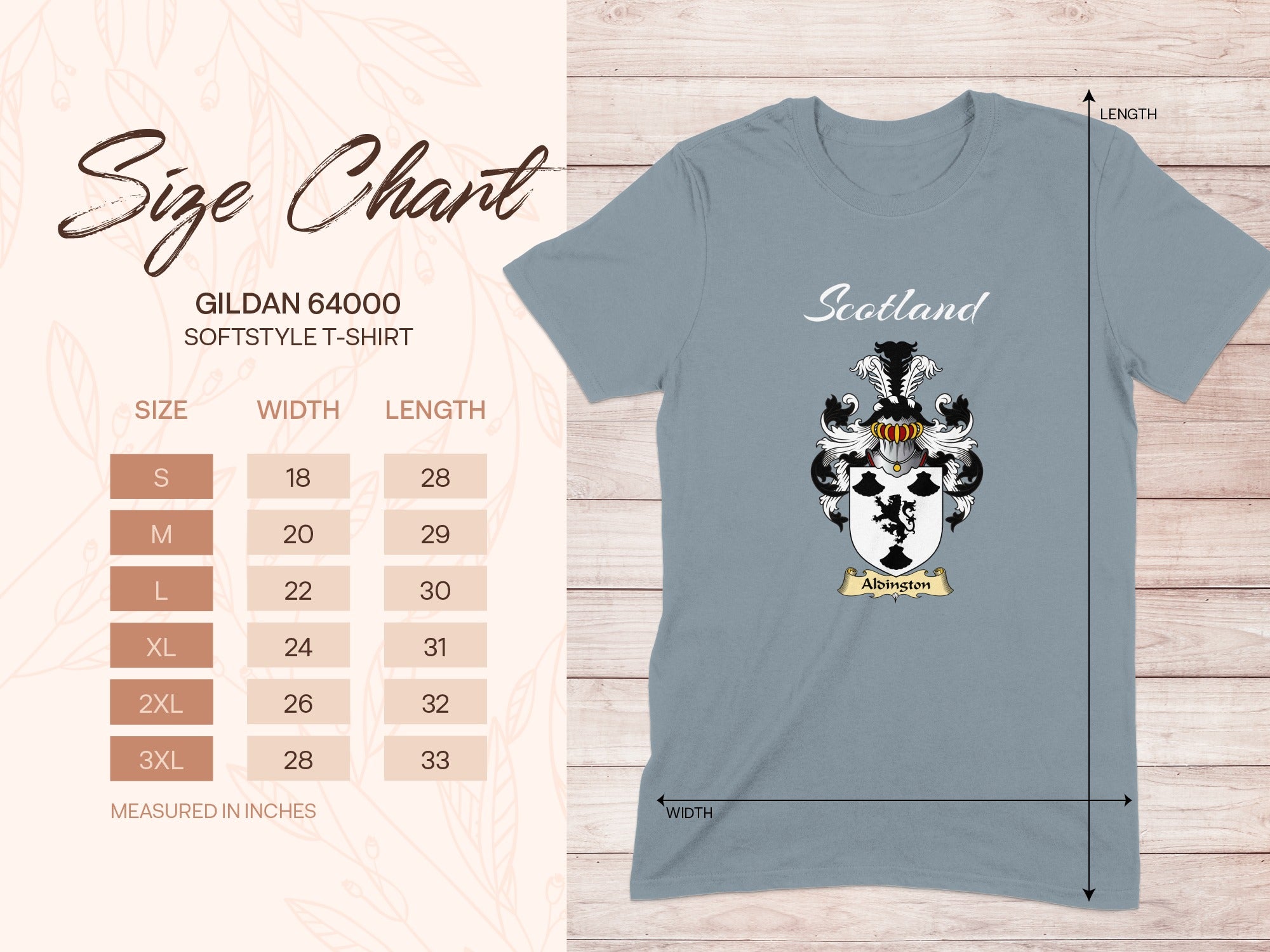 Gildan 64000 size chart for Alsington Scottish family shield T-shirt