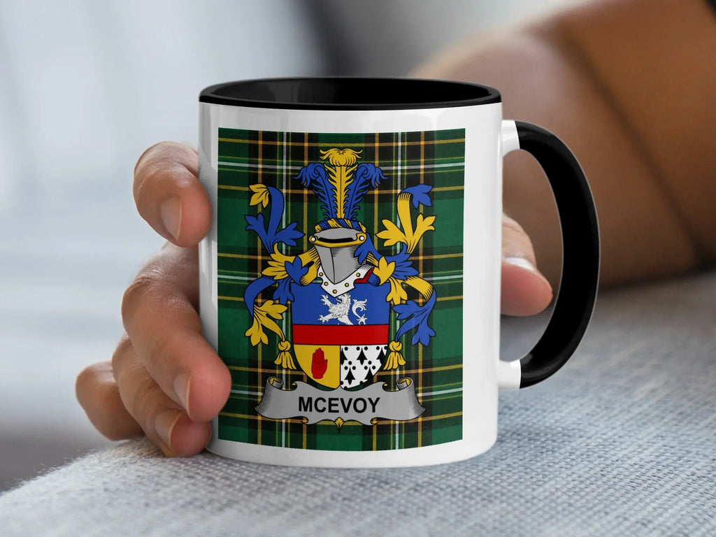 McEvoy Irish family crest black accent mug