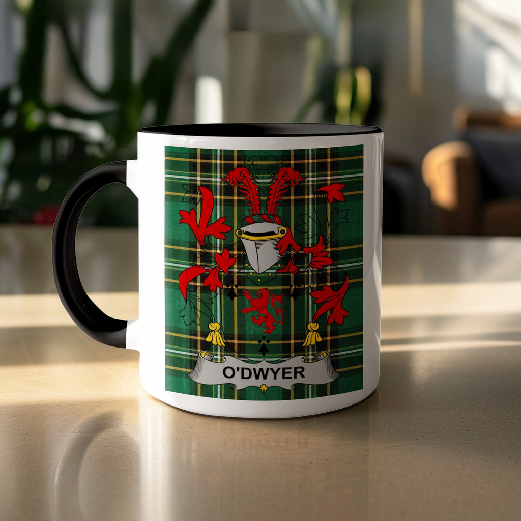 O'Dwyer family crest and name on green Irish National Tartan mug