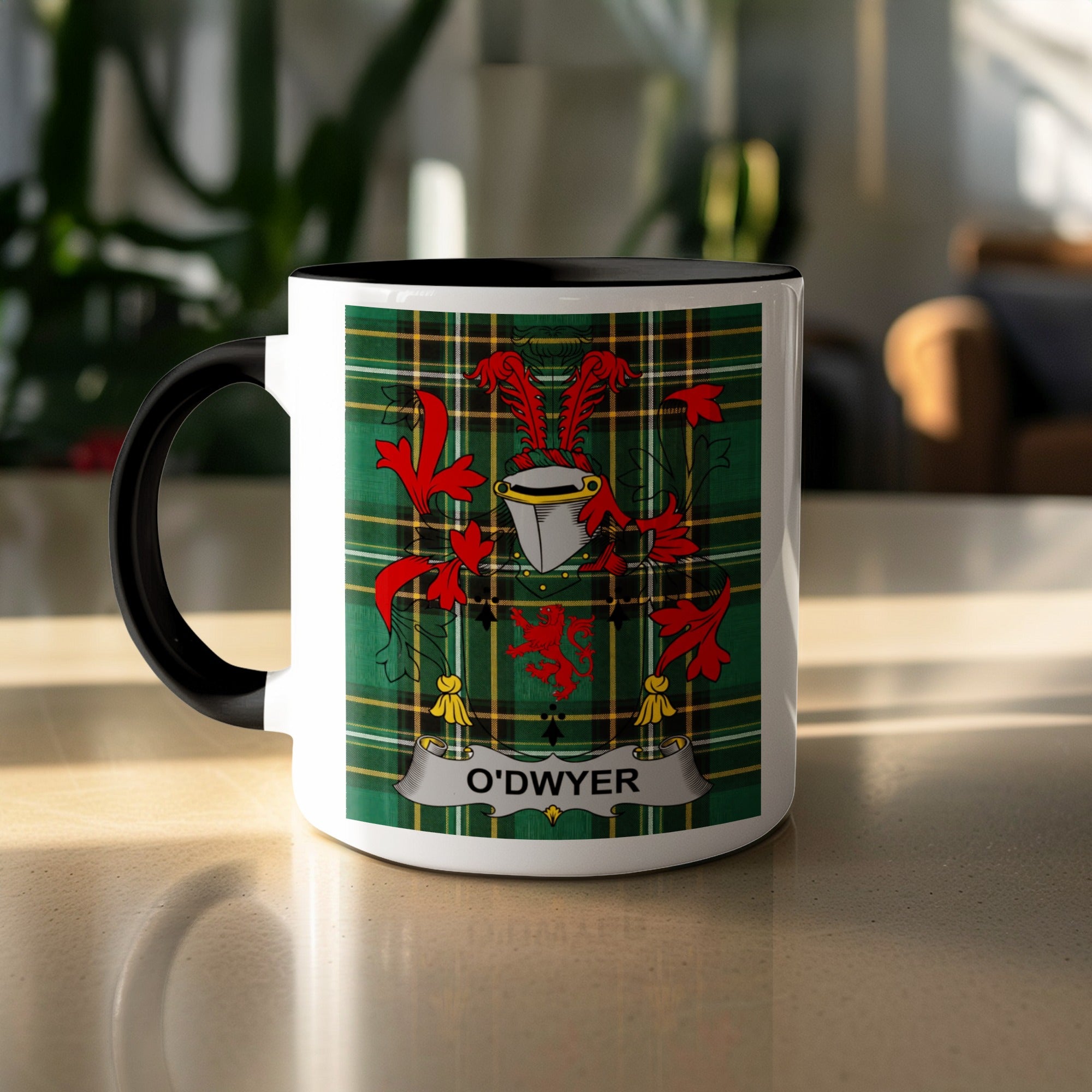 O'Dwyer family crest and name on green Irish National Tartan mug