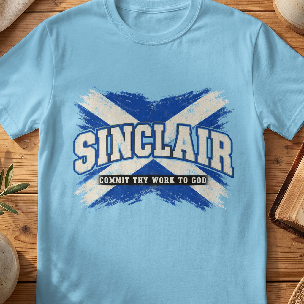 Sinclair Scottish Saltire T-shirt in Sky, with distressed blue and cream flag and “Commit Thy Work to God” lettering.