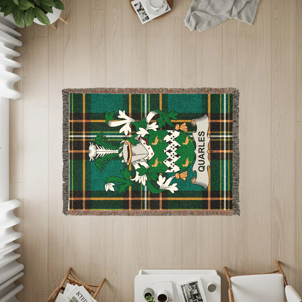 Quarles clan tartan blanket with coat of arms.