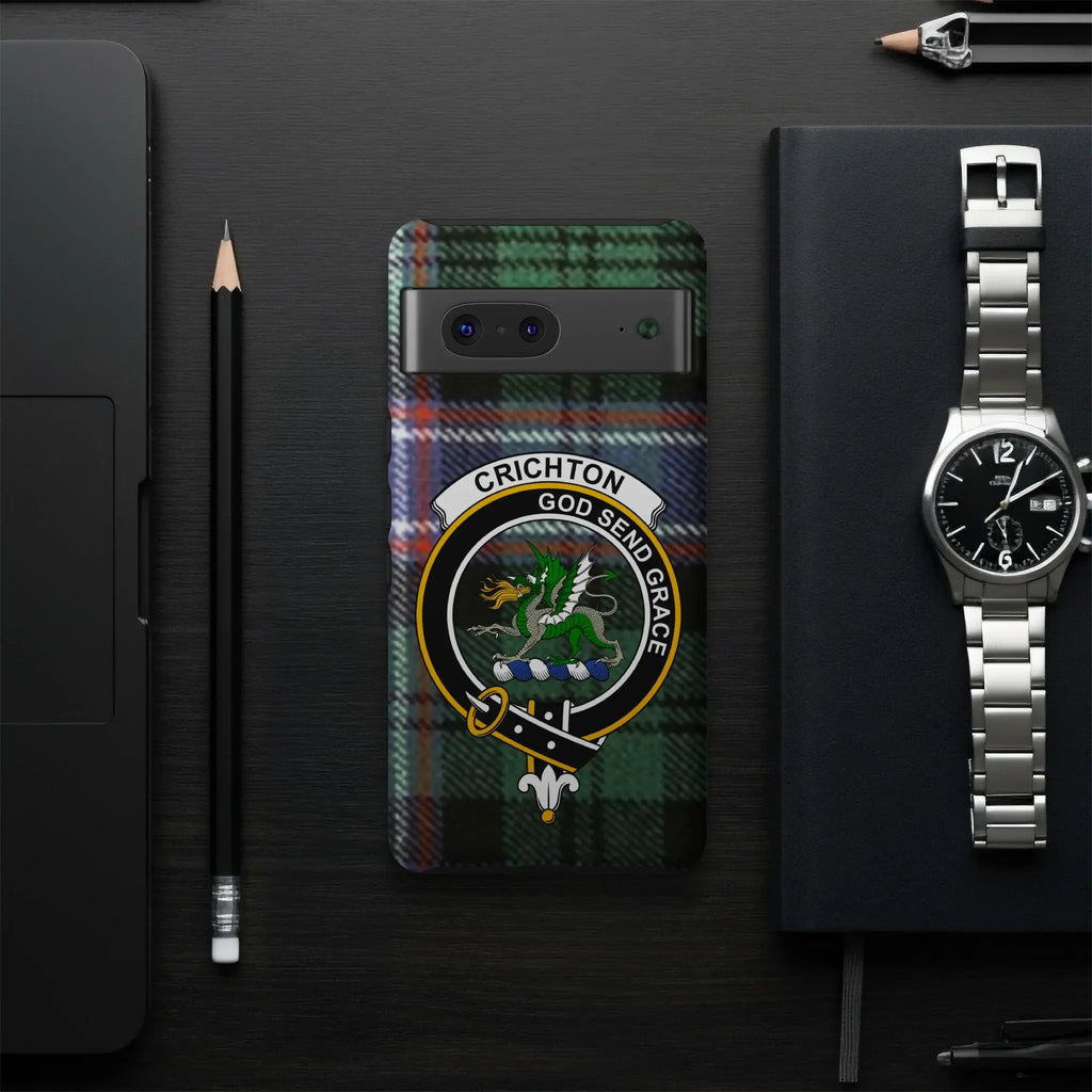 Crichton clan crest phone case angled view — wrap print, precise port cutouts, Google Pixel