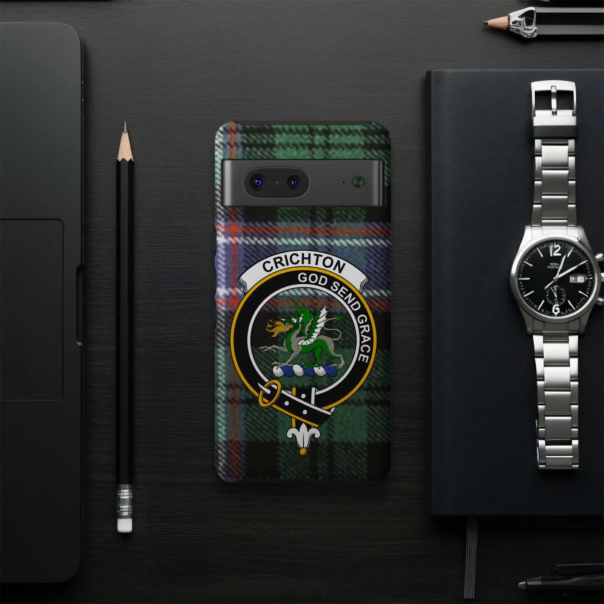 Crichton clan crest phone case angled view — wrap print, precise port cutouts, Google Pixel