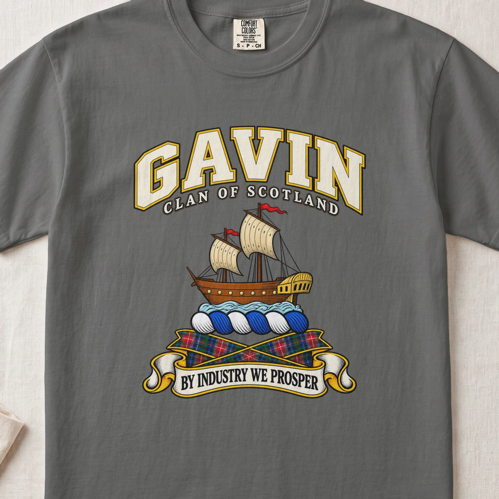 Gavin Scottish clan T-shirt in Pepper, front view with a sailing ship on blue waves and motto design.
