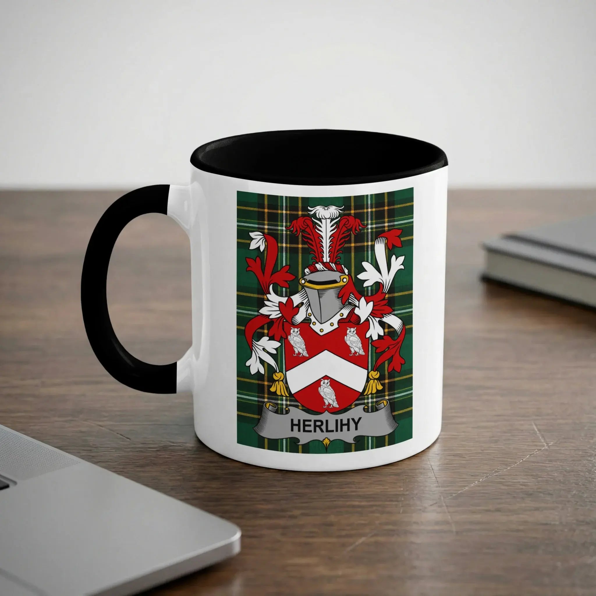 White mug with black rim featuring a family crest with "HERLIHY" banner.