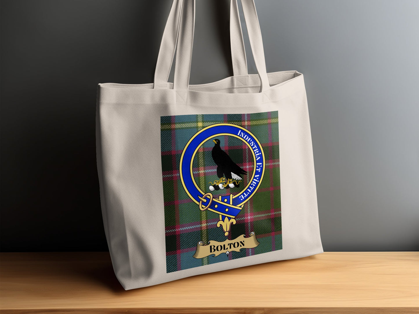 Bolton Scottish Clan Crest on Tartan Background Tote Bag - Living Stone Gifts