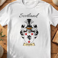 White Chessells Scottish family shield T-shirt featuring a black lion between red stars