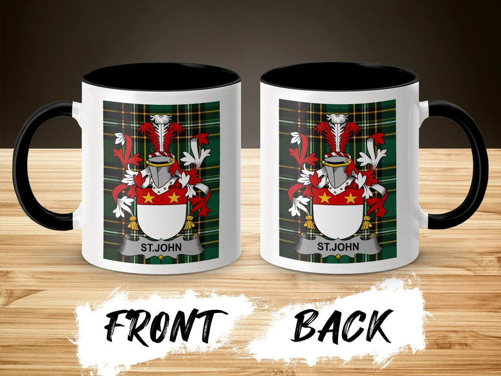 St. John ceramic accent mug with black handle and surname crest on tartan