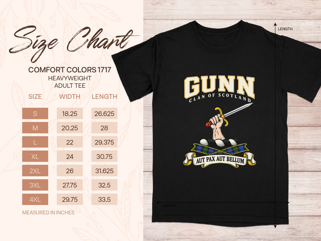 Comfort Colors 1717 size chart with shirt width and length in inches for sizes S to 4XL, beside the Gunn design.