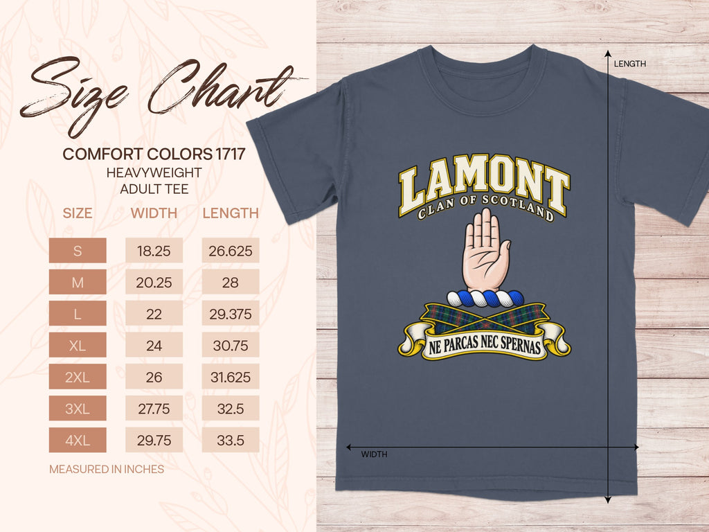 Comfort Colors 1717 size chart for the Lamont Scottish clan T-shirt, adult sizes S–4XL.